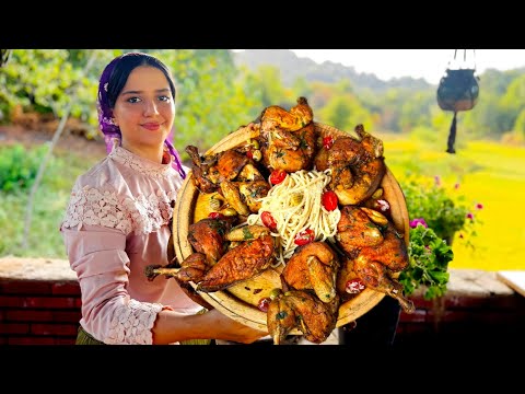 Cooking Fried chicken with honey sauce, cheesy spaghetti and salad