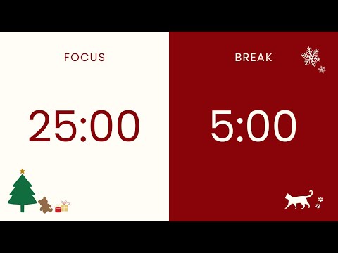 2 hour Pomodoro Timer 25/5 with a Little Cat 🐈‍⬛🎄♥️ No Music, Holiday Edition, Bordeaux Calm Study
