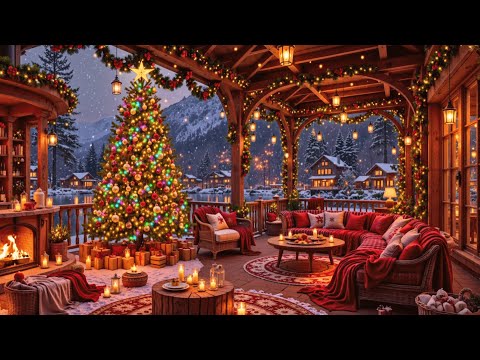Warm Christmas Jazz Music with Slow Snowfall 🎄Cozy Winter Coffee Shop Ambience & Crackling Fireplace
