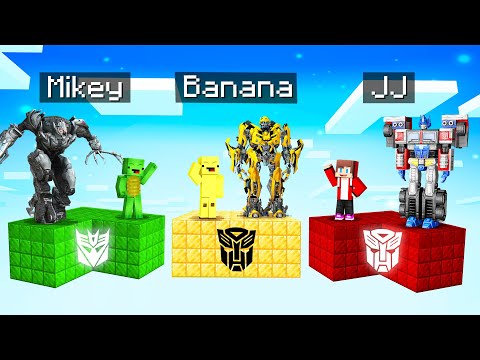 JJ's Optimus Prime vs Banana kid's Bumblebee vs Mikey's Megatron Survive Chunk Battle in Minecraft !