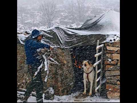 Winter snowstorm camping - Bushcraft survival shelter - Nature sounds