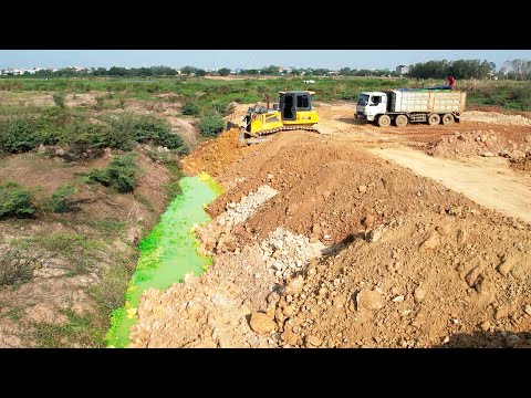 Mostly Impressive Activities Strong Bulldozer Quickly Moving Soil Filling into Lowland Area