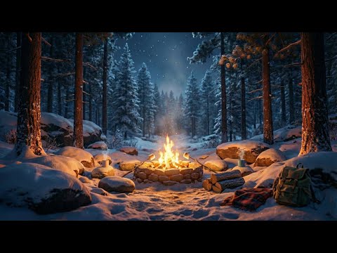 Winter Night Ambience with Crackling Camp Fire & Falling Snow • White Noise for Sleep & Study