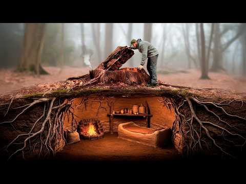 Building a Hidden Dugout Under a Stump. Warm secret shelter. Bushcraft Survival