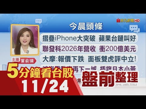 黃仁勳抱怨股價跌:不賞識我們成長!超微蘇姿丰:不用擔心AI泡沫!摺疊iPhone大突破 蘋果台鏈叫好!聯發科2026年營收 衝200億美元｜主播葉俞璘｜【5分鐘看台股】20251124｜非凡財經新聞