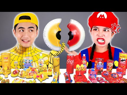 ASMR MUKBANG Desafio De Comida Vermelha VS Comida Amarela Com Homem-Aranha E Mario