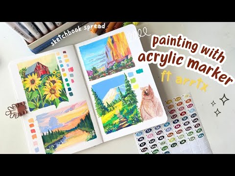 Mini Landscape Ideas on sketchbook- Trying Arrtx 90 Colors Acrylic Marker- Relaxing Demo 🌿