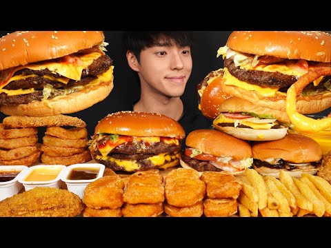 ASMR MUKBANG BURGER KING TRIPLE CHEESE BURGER & WHOPPER JR & CHICKEN NUGGETS & ONION RINGS & FRIES