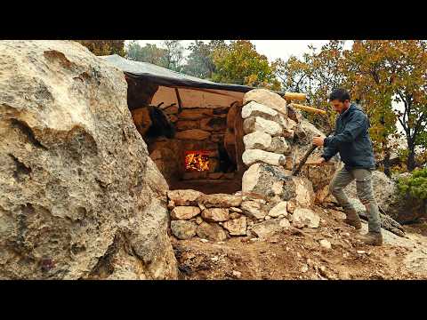 Building a Warm and Cozy Stone Shelter With Fireplace for Survival in the Rain