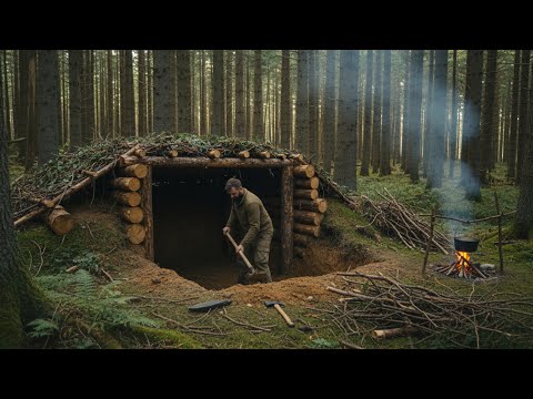 Building a Bushcraft Survival Dugout Alone in the Forest