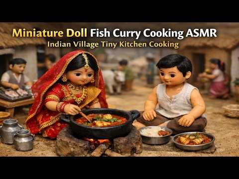 Miniature Doll Fish Curry Cooking ASMR | Indian Village Tiny Kitchen Cooking