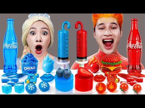 ASMR MUKBANG 파란색 음식 Vs 빨간색 음식 챌린지 | ASMR 먹방 뜨겁고 차가운 엘사 프론즌과 스파이더맨