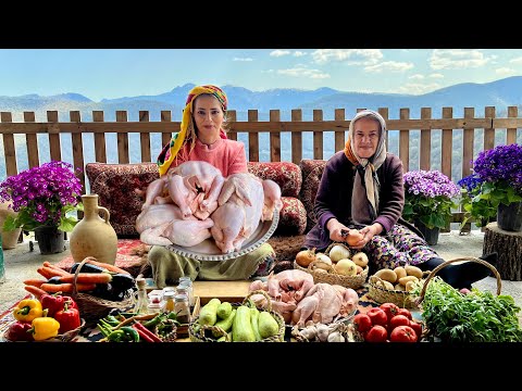 Cooking Fry Chicken with Vegetables and Fire Baked Bread in Village