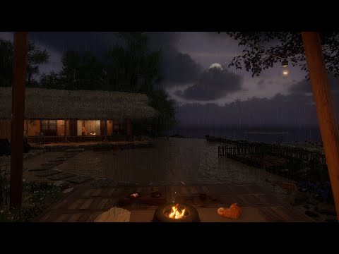 Rainy Spring Night Ambience at a Rustic Island Cottage | Rain, Crackling Fire, Distant Wave Sounds