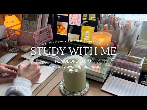 3-HR STUDY WITH ME 🌧️🍵 [Pomodoro 50/10] сozy autumn, one rainy evening, no music / real time