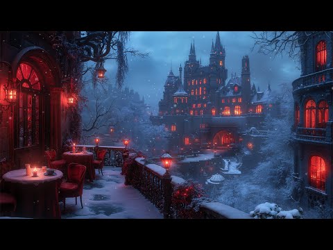 Romantic Gothic Cafe Balcony on a Winter Night | Dark Academia Ambience with Soft Piano & Snowfall