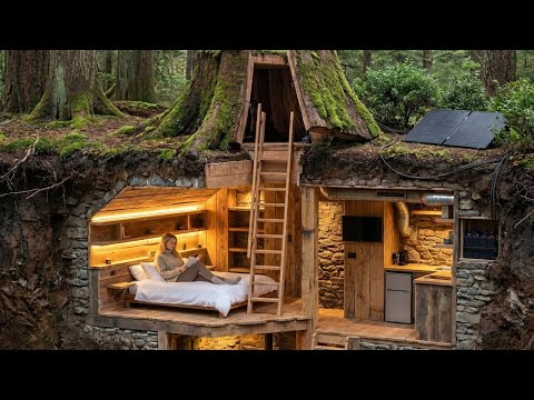 Building a Secret Wooden House Underground in the Deep Forest Alone (ASMR)