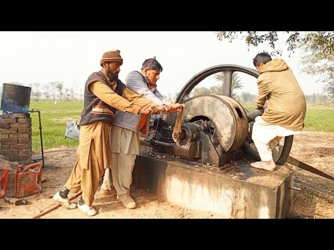 Old machine diesel engine starting up on tube well system || Big old engine
