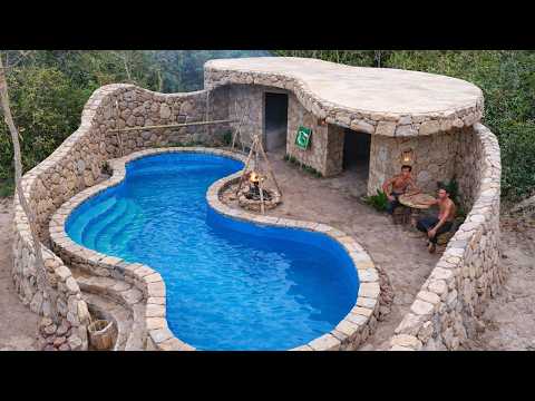 Building a Hidden Stone House & Red Rock Pool in the Jungle | Full Survival Build
