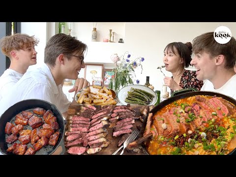 Making lunch & dinner for Armand and Max at home (T-bone steak ramyun, Josh's BBQ)