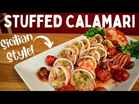 Tender Stuffed Calamari (Sicilian Style): Baked in a tomato sauce with olives
