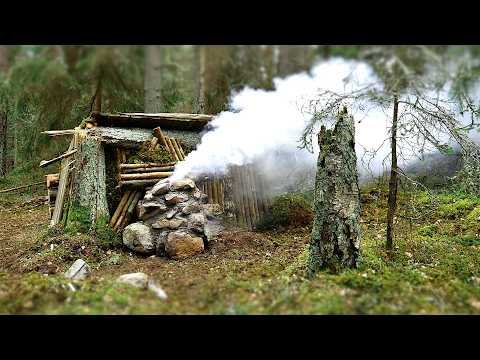 Building a Warm Shelter With a Fireplace Inside - 3 Days on an Island