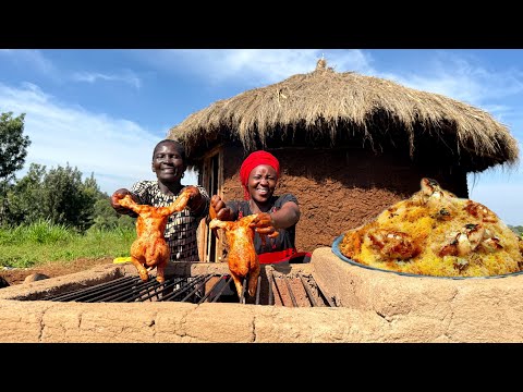 African Village Hardworking Mum Grills 2Whole Chicken Over Open Fire & Serves Fluffy Rice Feast! 😍🔥