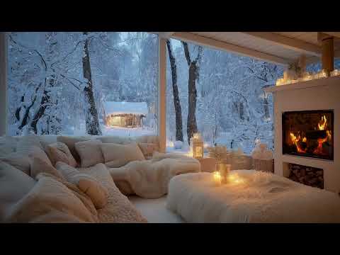Peaceful White Winter Piano Lounge | Soft Fire Sounds & Snowfall | Meditation Relax Study Focus