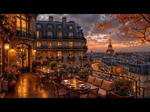 Autumn Sunset Jazz in Paris 🍂 Balcony Café Ambience ~ Smooth Jazz Music for Study, Focus & Relaxing