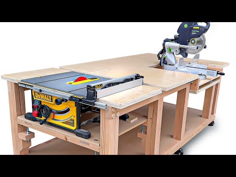 Table Saw + Miter Saw Workbench with Rotating Shelf (Flip-Top Miter Saw Station Upgrade)