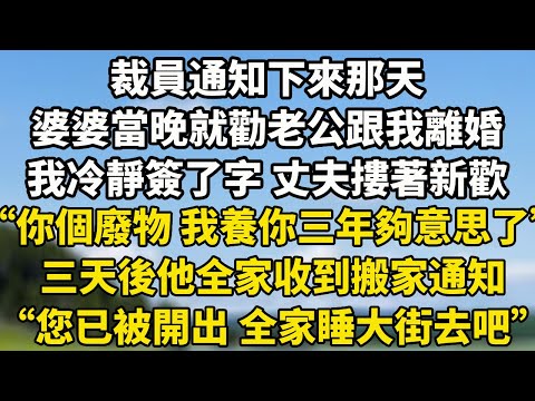 裁員通知下來那天,婆婆當晚就勸老公跟我離婚,我冷靜簽了字 丈夫摟著新歡“你個廢物 我養你三年夠意思了”三天後他全家收到搬家通知“您已被開出 全家睡大街去吧”#小說聽書 #中老年故事 #正能量