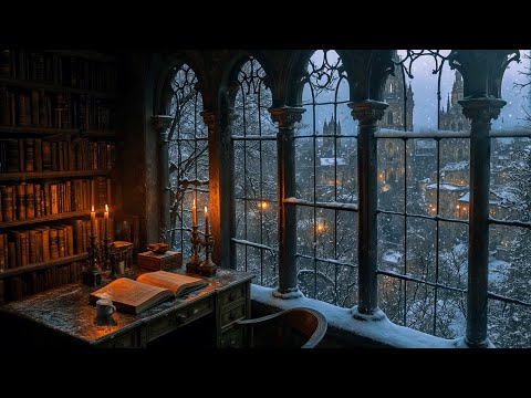 Winter Gothic Library Ambience 🕯️ Dark Academia Snow Night for Reading, Study & Relaxing