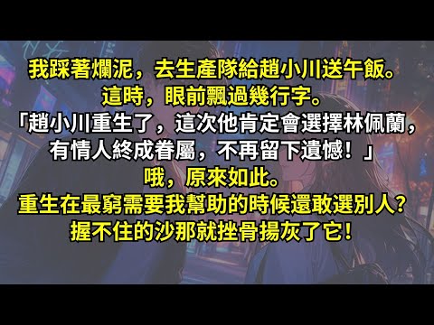 我踩著爛泥給趙小川送午飯。這時，眼前飄過幾行字。「趙小川重生了，這次他肯定會選擇林佩蘭，有情人終成眷屬，不再留下遺憾！」哦，原來如此。重生在最窮需要我幫助的時候還敢選別人？握不住的沙那就挫骨揚灰了它！
