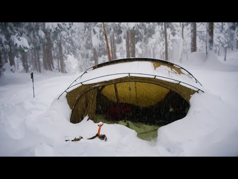 Snowstorm solo camping | Hot tent buried in snow