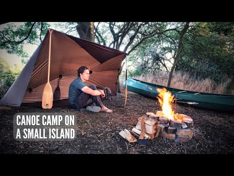Solo Canoe Camping on a Small River Island - Tarp Shelter, Bushcraft & Campfire Cooking