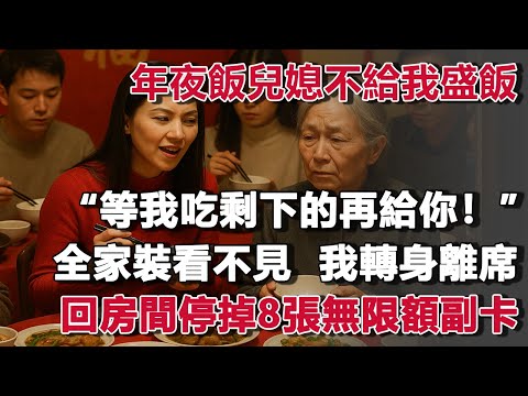 年夜飯兒媳不給我盛飯：“等我吃剩下的再給你！”全家裝看不見，我轉身離席，回房間停掉8張無限額副卡！#夜讀人生 #朝夕書卷  #情感故事  #為人處世 #不肖子孫 #養老故事 #樂齡故事匯