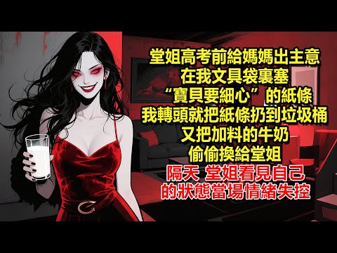 堂姐高考前給媽媽出主意在我文具袋裏塞“寶貝要細心”的紙條，我轉頭就把紙條扔到垃圾桶，又把加料的牛奶偷偷換給堂姐，隔天，堂姐看見自己的狀態當場情緒失控