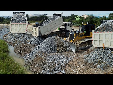Nicely Large Pond Landfill Using Dump Truck Unloading with Shantui DH17C3 Dozer Push Stones