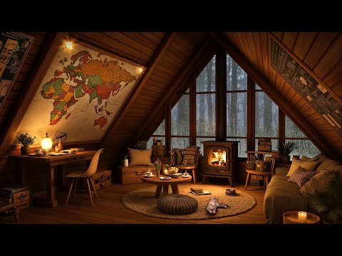 Heavy Rain Outside a Cozy Attic Ambience 🌧️Relaxing Jazz &amp; Crackling Fireplace for Reading, Studying