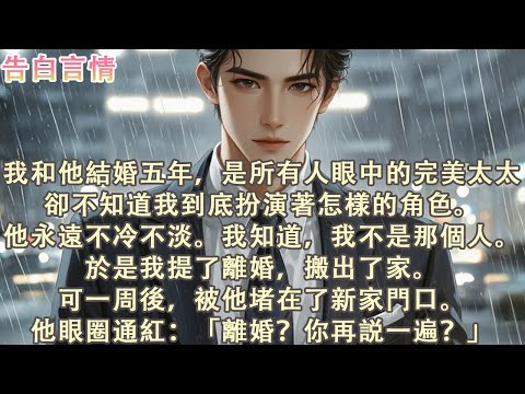 我和他結婚五年，是所有人眼中的完美太太。卻不知道我到底扮演著怎樣的角色。他永遠不冷不淡。我知道，我不是那個人。於是我提了離婚，搬出了家。可一周後，被他堵在了新家門口。他眼圈通紅：「離婚？你再説一遍？」