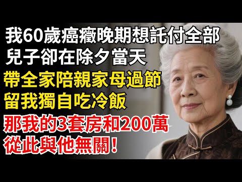 我60歲癌癥晚期想託付全部，兒子卻在除夕夜，帶全家陪親家母，留我獨自吃冷飯，那我的3套房和200萬，從此與他無關！#晚年生活#中老年生活#為人處世#生活經驗#情感故事