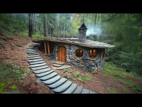 Primitive Bushcraft Shelter In The Rain Forest - Stone Roofed And Stone Wall