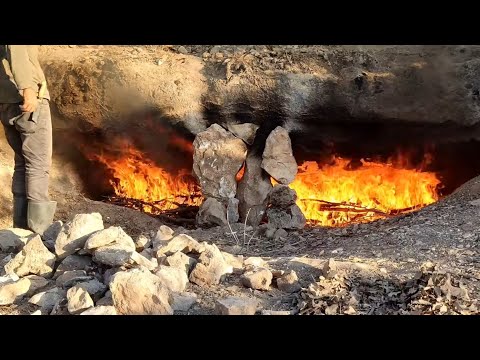 DIY - Making a Cave Shelter with FIRE - Bushcraft Camp with my Dog in the Wild, Nature Documentary