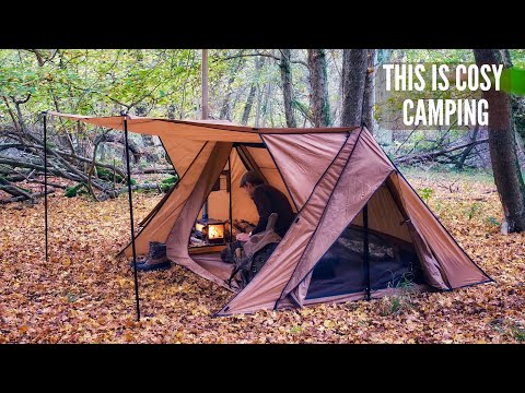 Solo Hot Tent Camping & Wood Stove Cooking - Staying Warm & Cosy on a Rainy Night in a Hot Tent