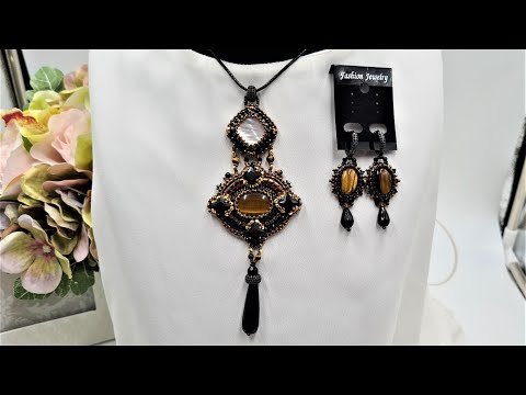 Вышитый кулон и плетеные серьги Глаз тигра. Украшения своими руками.