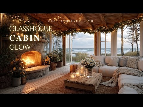 Glasshouse Cabin Glow 🌊🔥Garland-Lit Fireplace Sanctuary with Candlelight Ambience & Ocean Waves