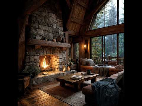 Rainy Cabin Fireplace Ambience 🍂 Cozy Rustic Interior with Rain Sounds | 10 Hours