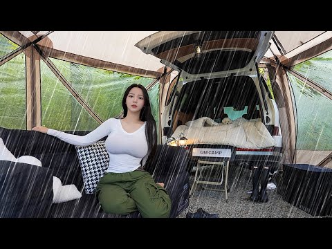 ☔Camping in Heavy Rain with Luxury Car Tent | Nature & Rain ASMR