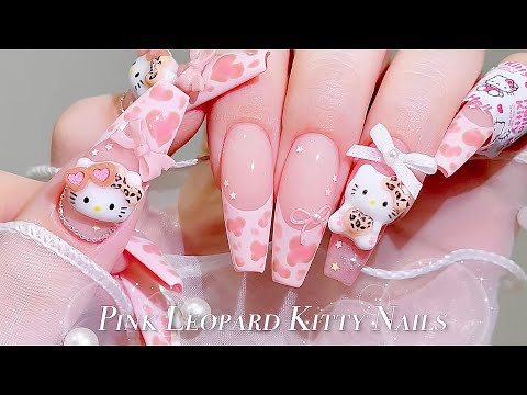 sub) Pink Leopard Kitty Nails!🎀💗/🇰🇷Korean nails / French nails / Nail art / Self-nails / ASMR