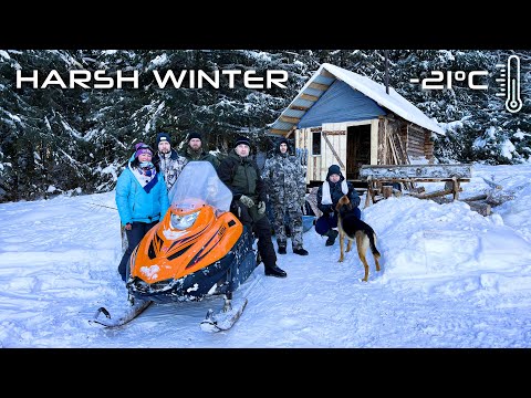 Harsh Winter (-21°C) - How Seven People can fit in a Log Cabin - On a Snowmobile for Firewood